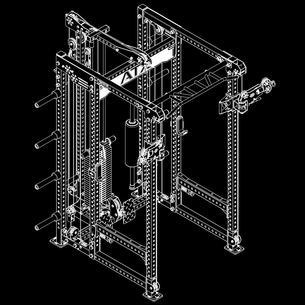 Isometric technical drawing of the ATX® Power Cage with Cables, showing pulleys, rods, and metal frames on a black background.