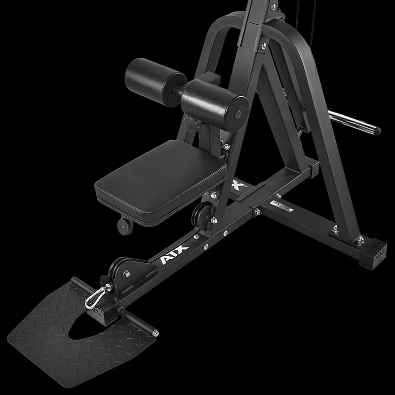 A Cable Lat Pull Down Machine, the ATX® model, is shown on a plain black background—its versatile design makes it a great fit for any gym setup, pairing well with other equipment like a black seated calf raise machine.