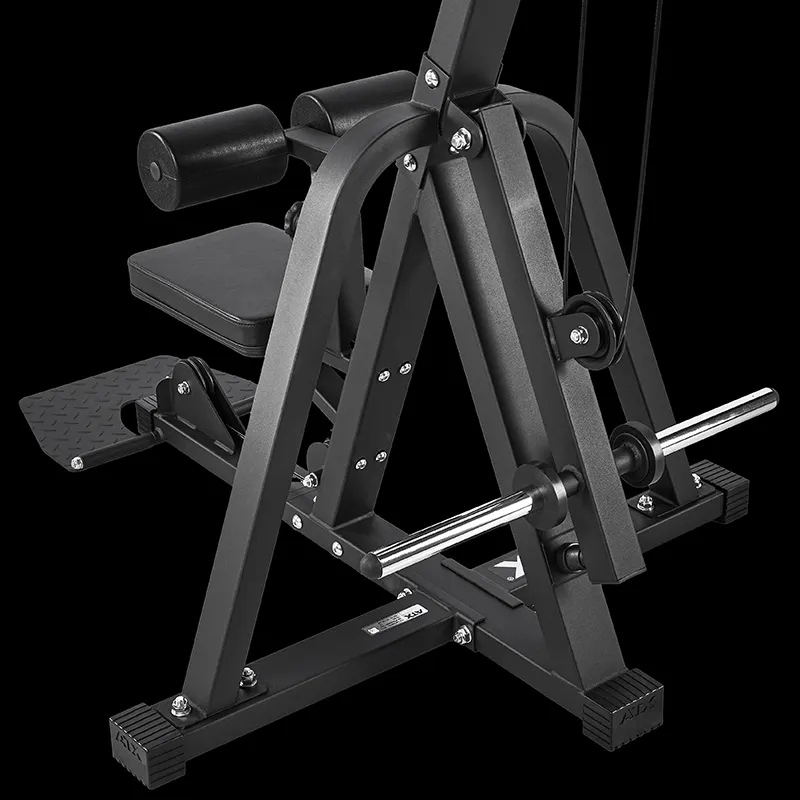 A close-up of a black seated row gym machine with padded seat, backrest, footrests, and handles—an ideal match for the ATX® Cable Lat Pull Down Machine—shown against a black background.