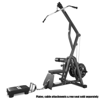 The ATX® Cable Lat Pull Down Machine in black includes a lat pulldown bar, weight plate holder, footrests, and adjustable bench. Plates, cable attachments, and row seat are sold separately (see caption for details).