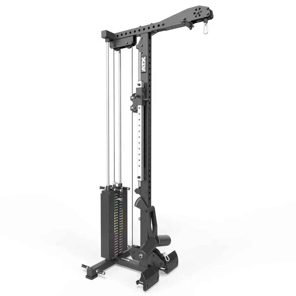The ATX® Lat Option 780 125kg SW is a black vertical cable machine with a weight stack, adjustable pulley, footrest, and plate-loaded lat pulldown attachment. It has a compact, sturdy frame for strength training and various exercises.