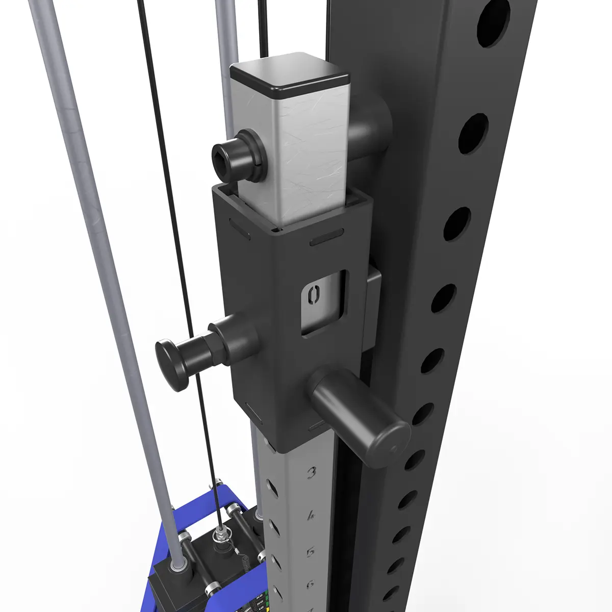 Close-up of the cable length adjuster block and T handle detent pin on the numbered scale tube of the ATX LTO 780