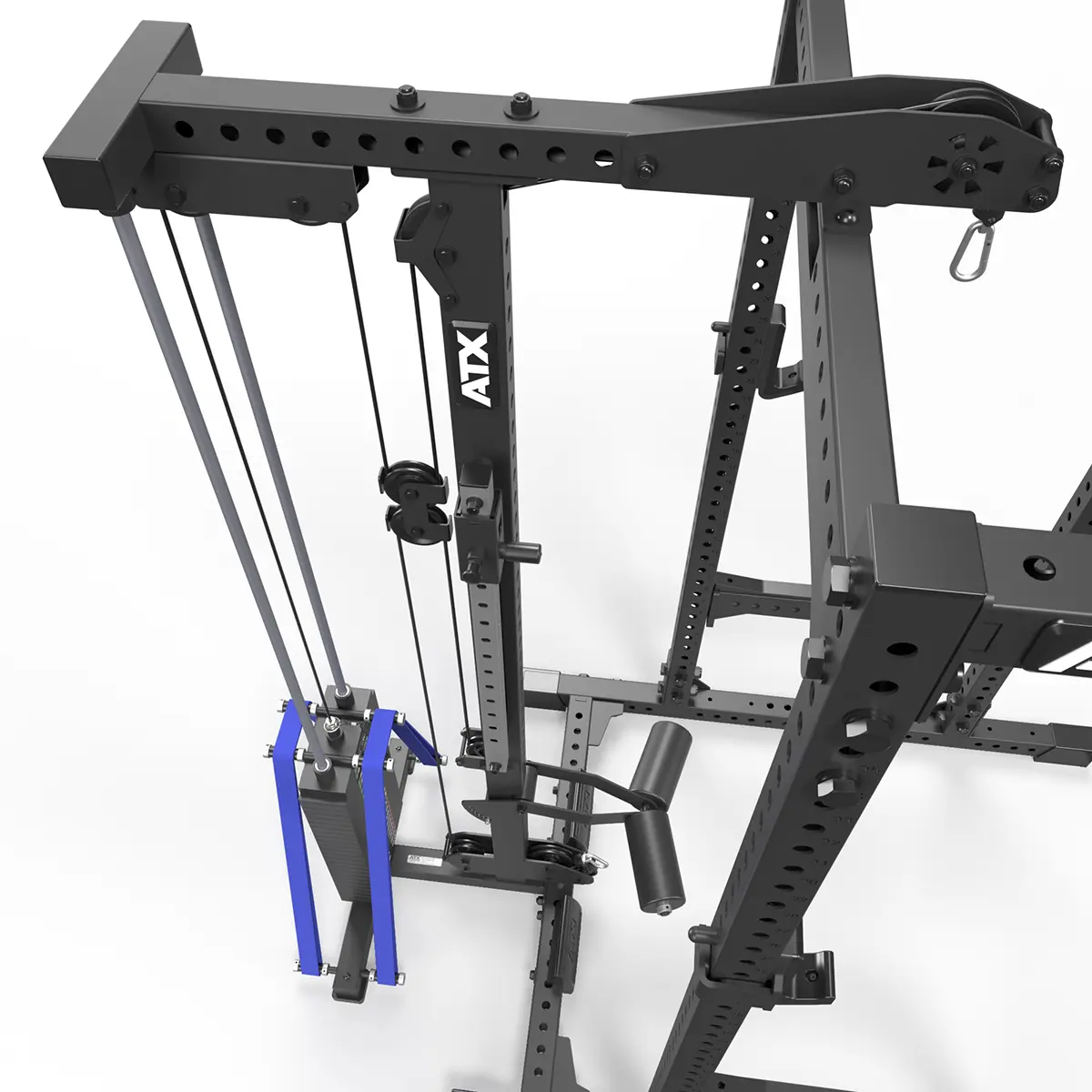 Elevated close-up of the ATX LTO 780 lat boom dual pulleys blue bands and thigh pads beside the power rack uprights