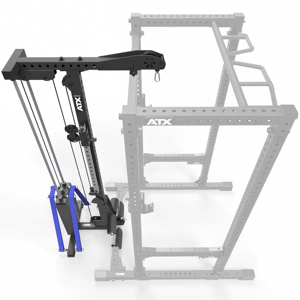 High angle view of the ATX LTO 780 lat option in black with the power rack shown in grey beside it