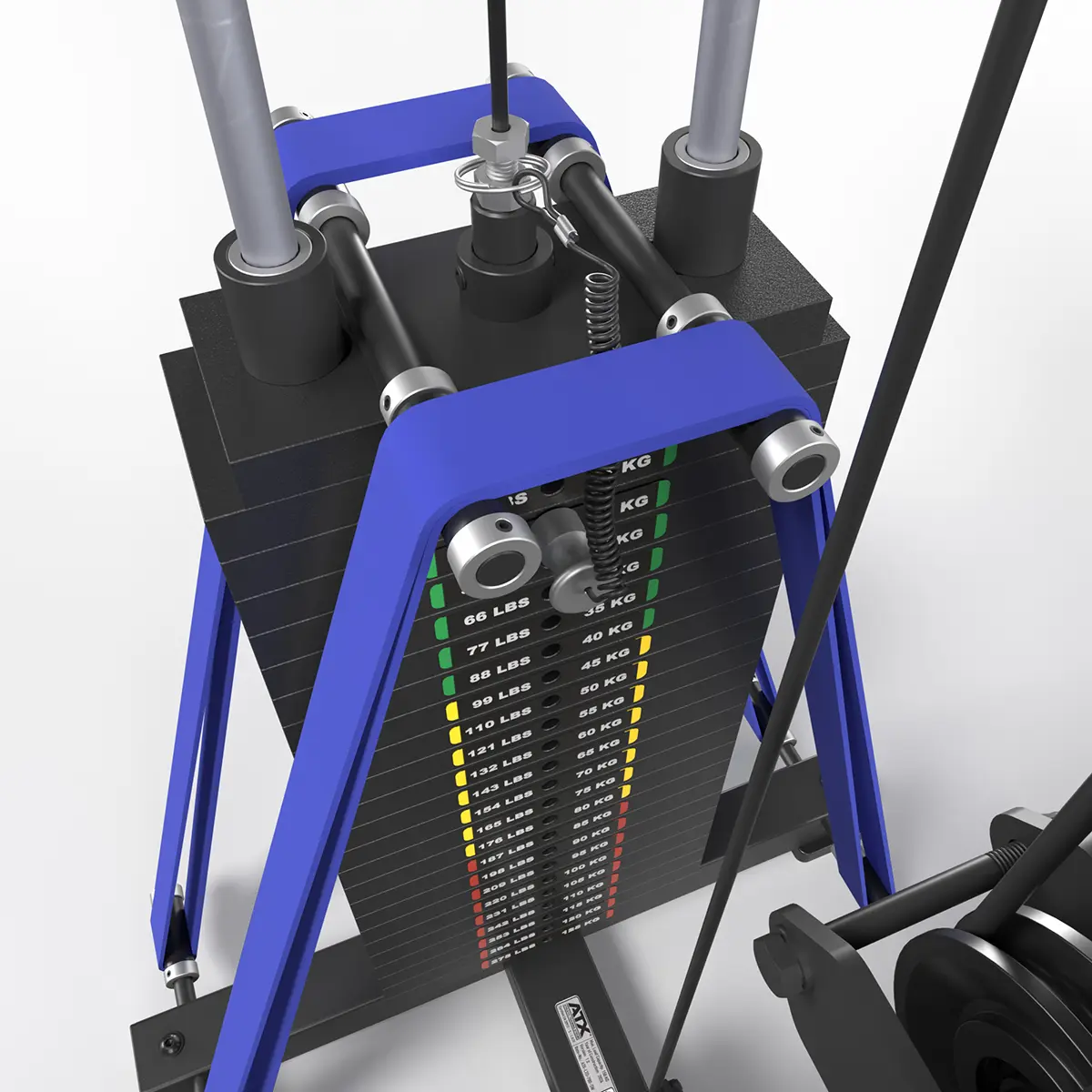 Top down close-up of the weight stack head and selector pin on the ATX LTO 780 with blue resistance bands fitted to the band pegs