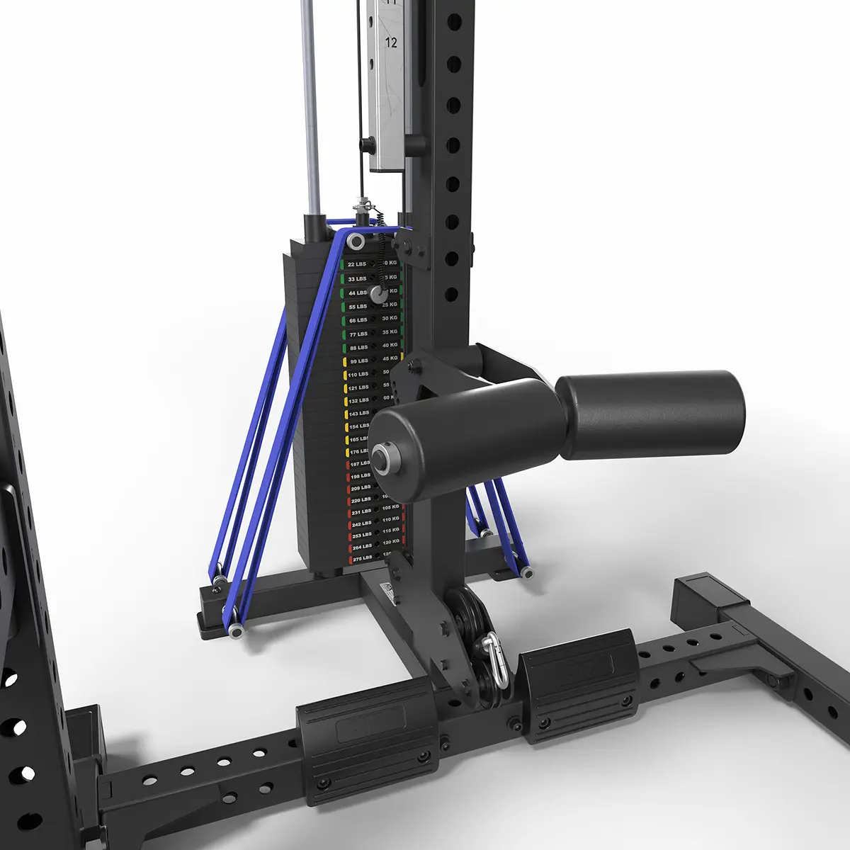 Close-up of the 125 kg weight stack on the ATX LTO 780 lat option with pin selector and blue resistance bands