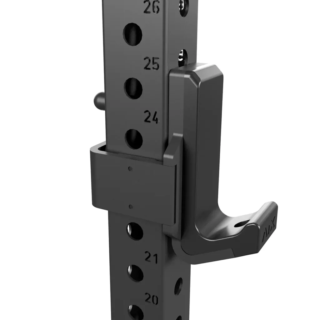 Close-up of a black adjustable J-hook on the ATX® Power Rack 780, displaying numbered positions on the squat rack post for customizing the J-hook height to securely hold weightlifting bars.