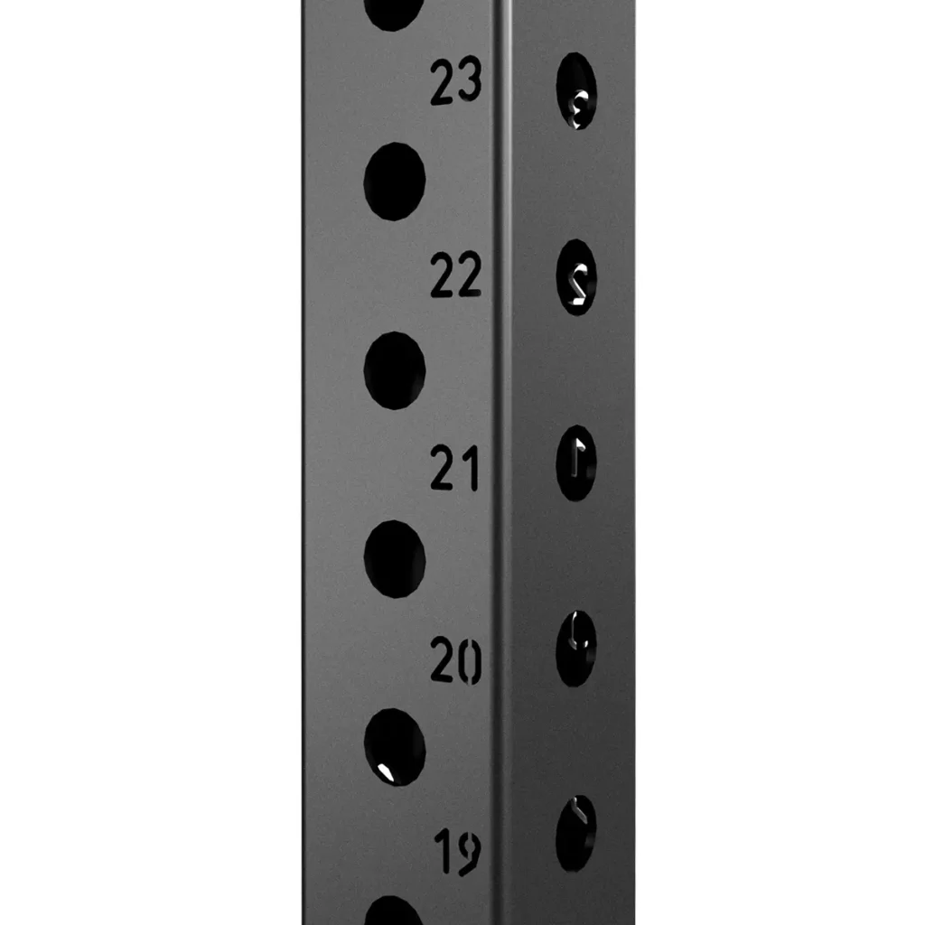 The ATX® Power Rack 780 features a black metal rack with bold, clear numbered holes from 19 to 23, enabling adjustable equipment positioning. The smooth surface and matte finish enhance visibility for optimal use.