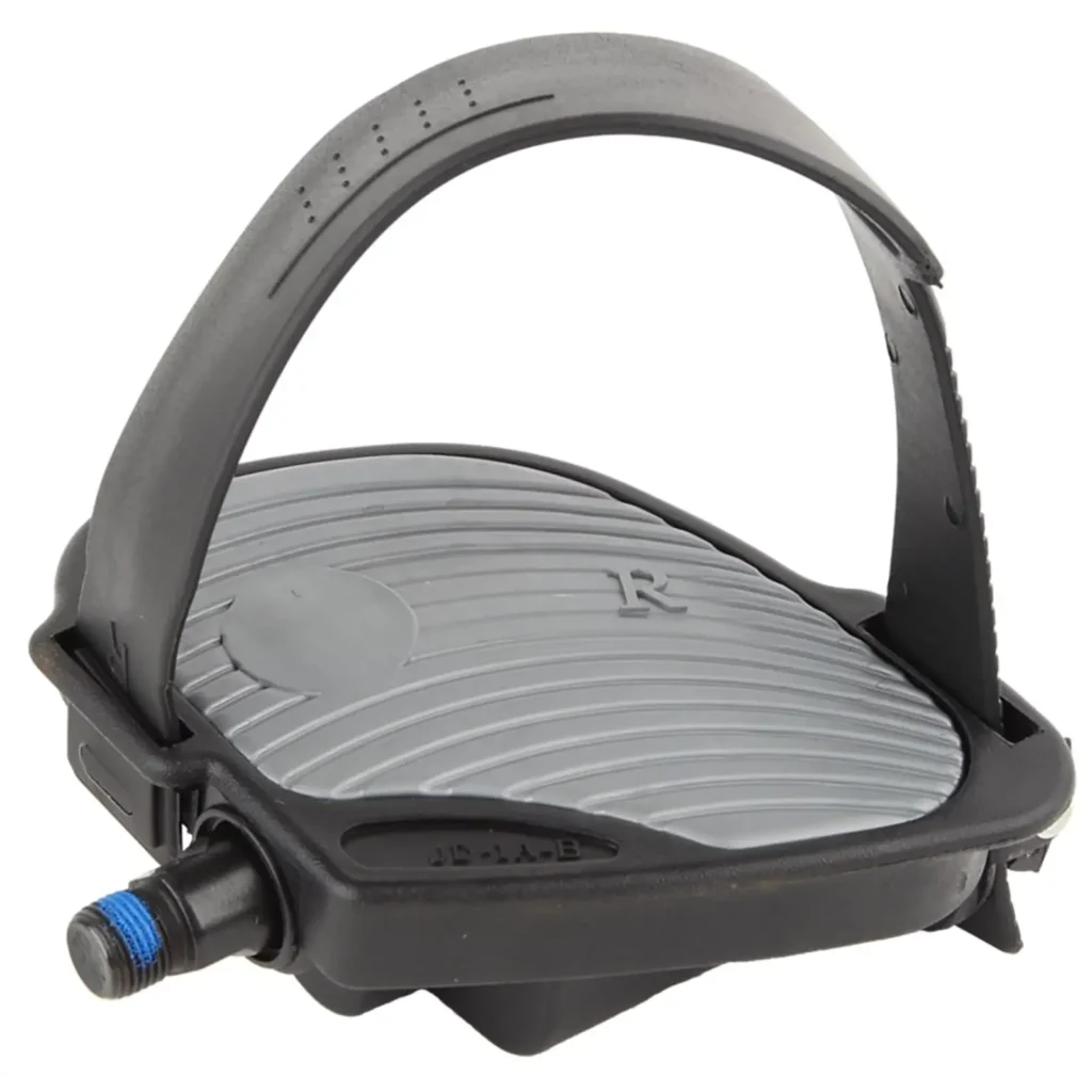 The Spin Bike Pedal Aluminium (Copy) features a black and gray textured surface, adjustable strap, and a spindle with a blue accent.