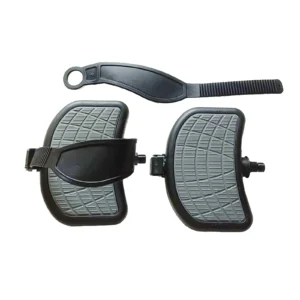 Two Spin Bike Pedal 9/16 exercisers feature a black curved design, textured gray surface, and adjustable straps. A circular-handled black strap is positioned above them for use with stationary bikes or similar equipment.