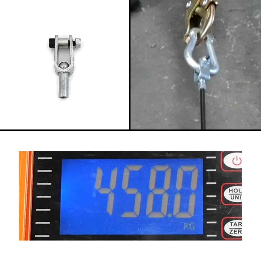 The Gym Cable U Bracket Kit, featuring a metal clevis pin and U-shaped bracket shackle attached to a replacement gym cable, is shown with a digital scale indicating 458.0 kg.