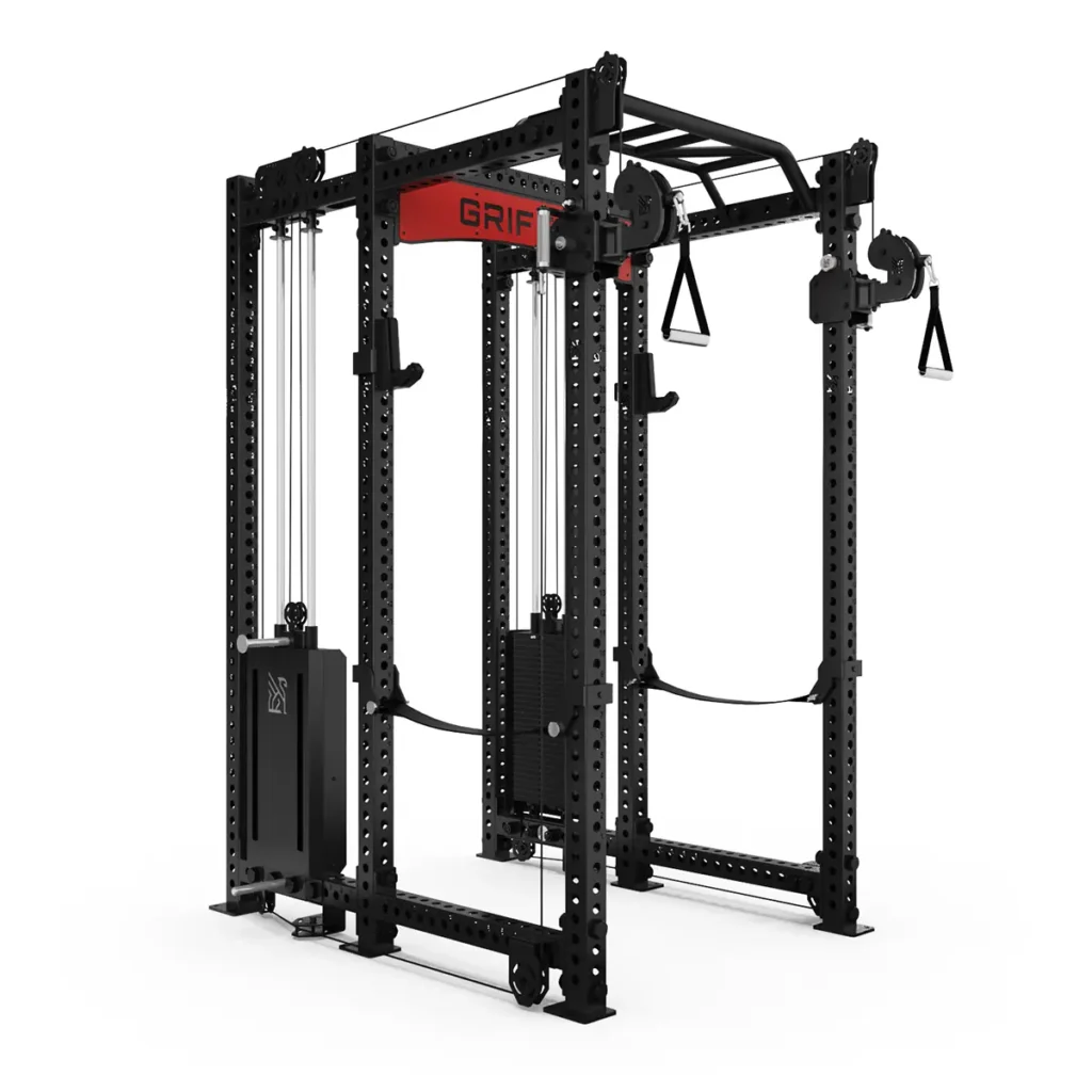 The ATX® Power Cage with Cables is a black and red unit designed for strength training, featuring pull-up bars, adjustable cables, and weight stacks.
