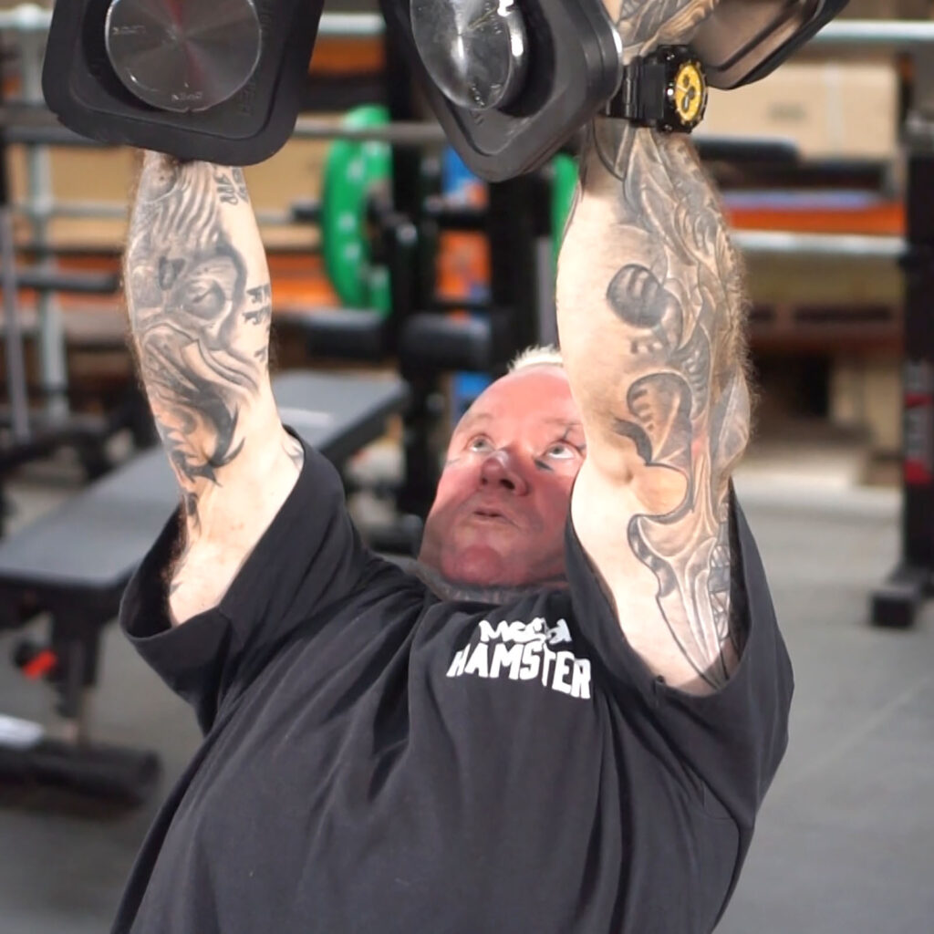 A tattooed person in a gym lifts dumbbells while lying on a bench, focused on their workout. The background features gym equipment like benches and weights. Theyre wearing a black t-shirt with MEGA HAMSTER printed on it.