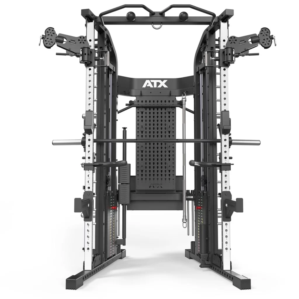 The ATX® Monster 2.0 All In One Trainer features various cables, pulleys, and adjustable bars, making it a versatile gym machine ideal for strength training exercises and numerous workout variations to boost your fitness routine.