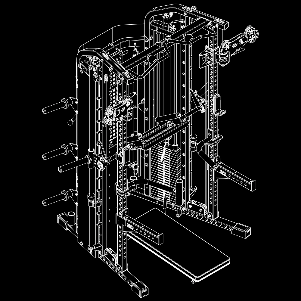 Black and white line drawing of the ATX® Monster 2.0 All In One Trainer featuring cables, adjustable pulleys, weight stacks, bar holders, and a platform, designed for versatile strength training exercises.