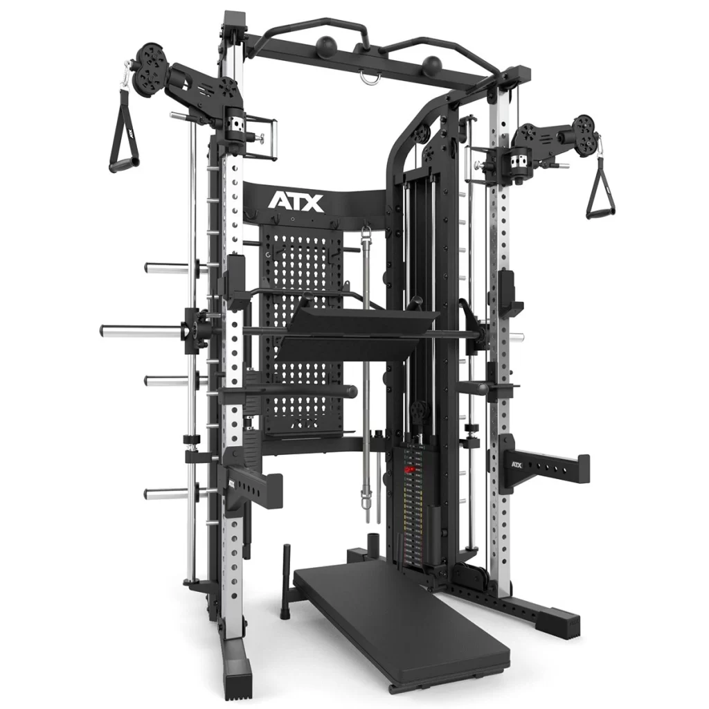 The ATX® Monster 2.0 All In One Trainer is a multifunctional gym machine featuring pulleys, cables, weight stacks, and bars for versatile strength training. The ATX brand is visible on the frame.