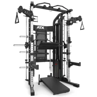The ATX® Monster 2.0 All In One Trainer is a multifunctional gym machine featuring pulleys, cables, weight stacks, and bars for versatile strength training. The ATX brand is visible on the frame.