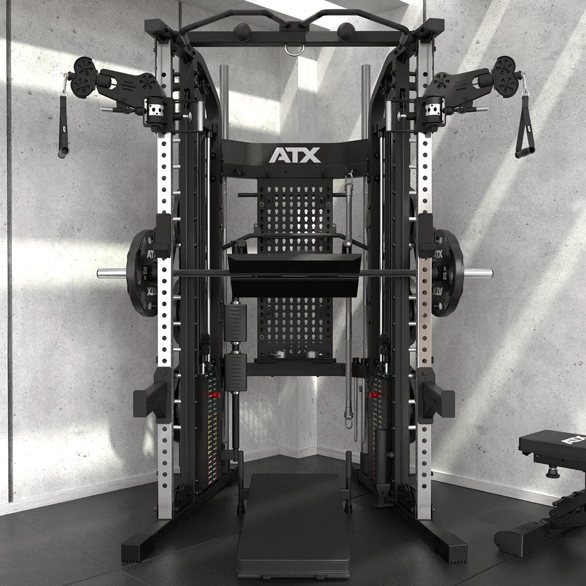 The ATX® Monster 2.0 All In One Trainer features pulleys, cables, weights, and a bench—perfect for a modern, minimalistic gym with concrete walls.