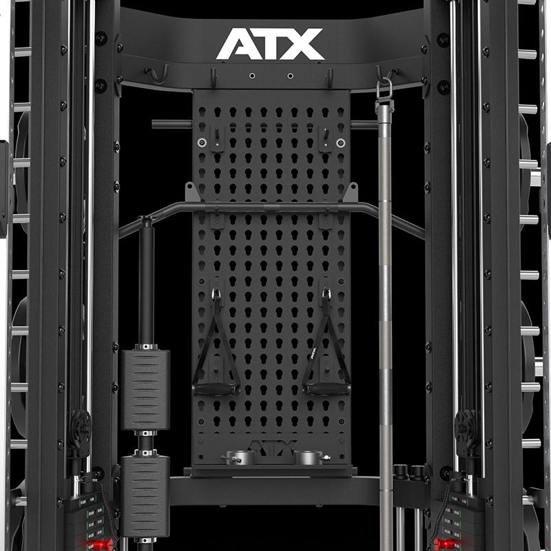 Close-up view of the ATX® Monster 2.0 All In One Trainer in black, featuring adjustable weights, handles, bars, and multiple attachment points for versatile strength training in the gym.