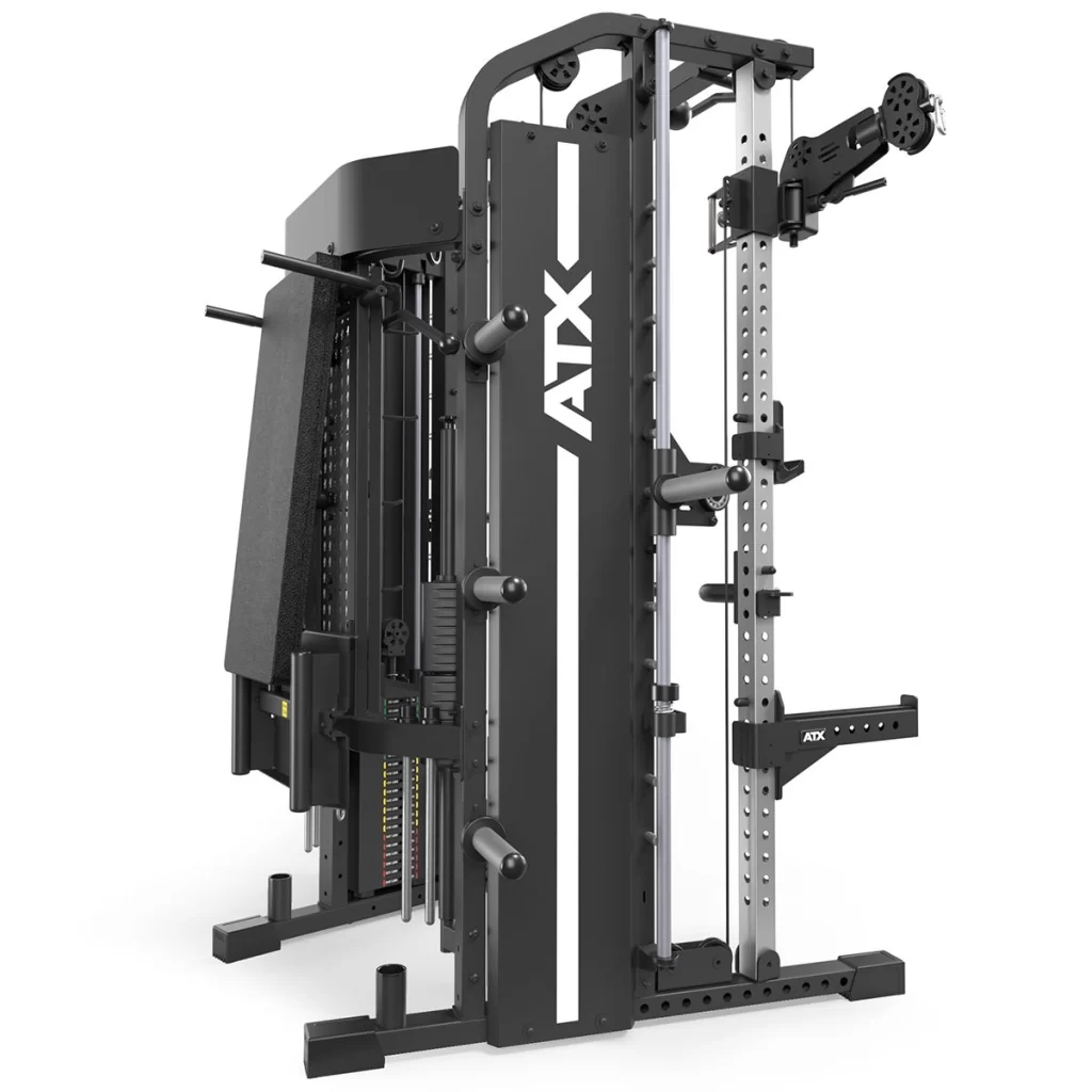 The ATX® Monster 2.0 All In One Trainer is a sleek black and silver unit with multiple workout stations, including a weight stack, pull-up bar, and adjustable components, featuring the brand name ATX prominently displayed on the front.