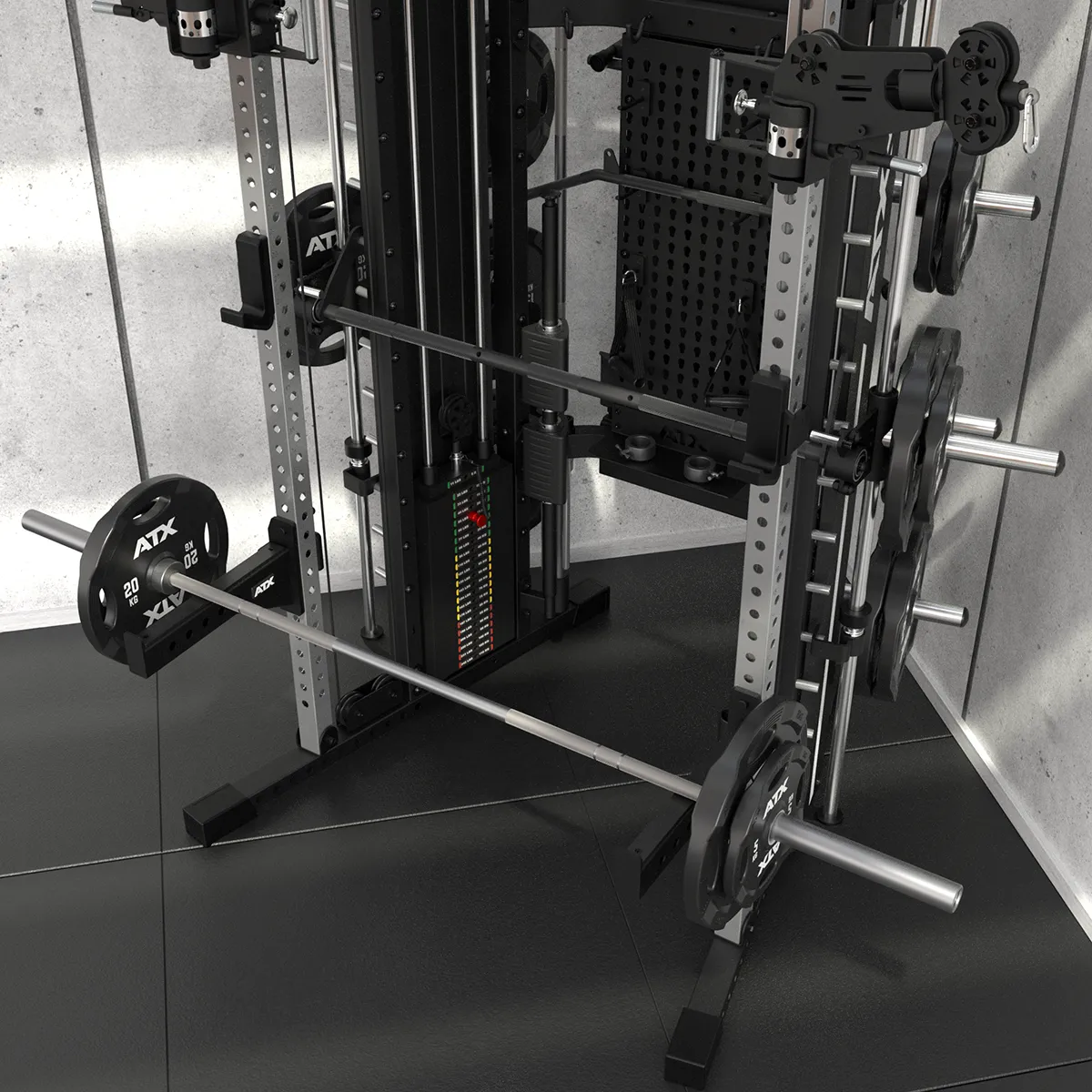 A close-up of the ATX® Monster 2.0 All In One Trainer, equipped with a loaded barbell, weight plates, safety bars, and cable attachments in a sleek, modern workout space.