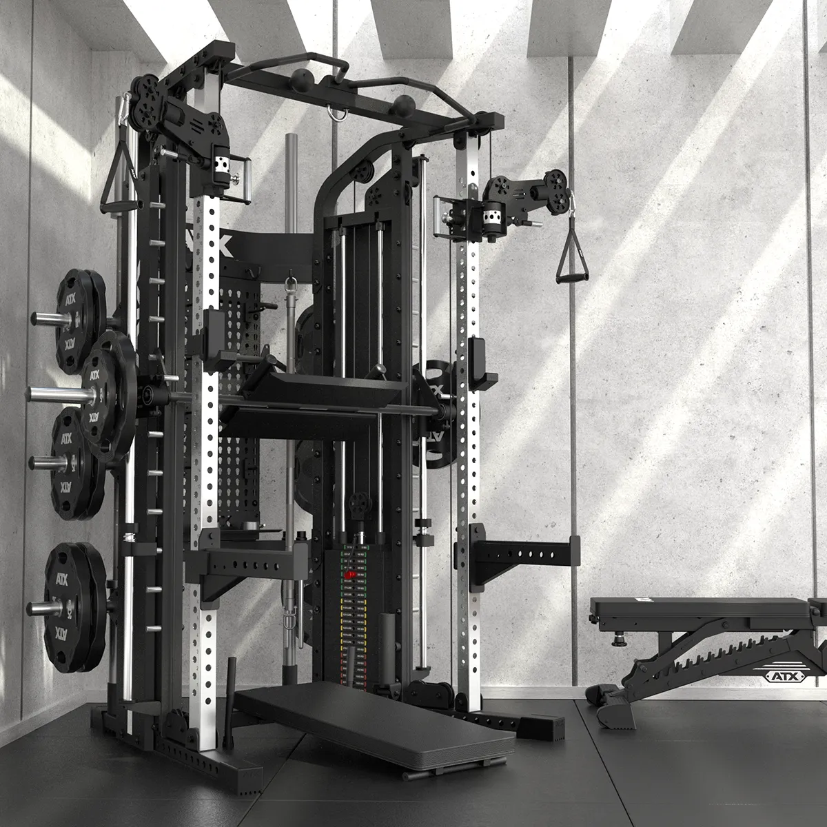 A modern home gym featuring the ATX® Monster 2.0 All In One Trainer, weight plates on racks, a bench, and minimalistic concrete walls illuminated by sunlight streaming through ceiling slats.