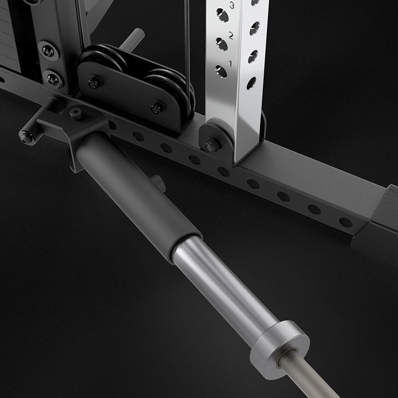 Close-up of the ATX® Monster 2.0 All In One Trainer’s metal frame, showcasing its adjustable weight stack, cable pulley system, and chrome guide rod against a dark background.