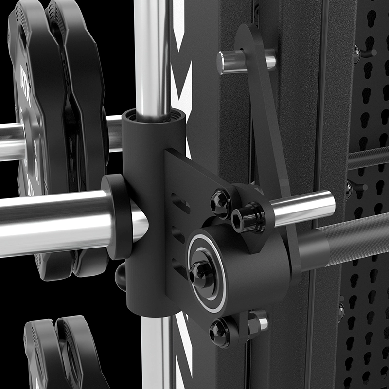 Close-up view of the ATX® Monster 2.0 All In One Trainer in black and silver, featuring metal bars, weight plates, a rotating bearing mechanism, and adjustment slots against a black background.