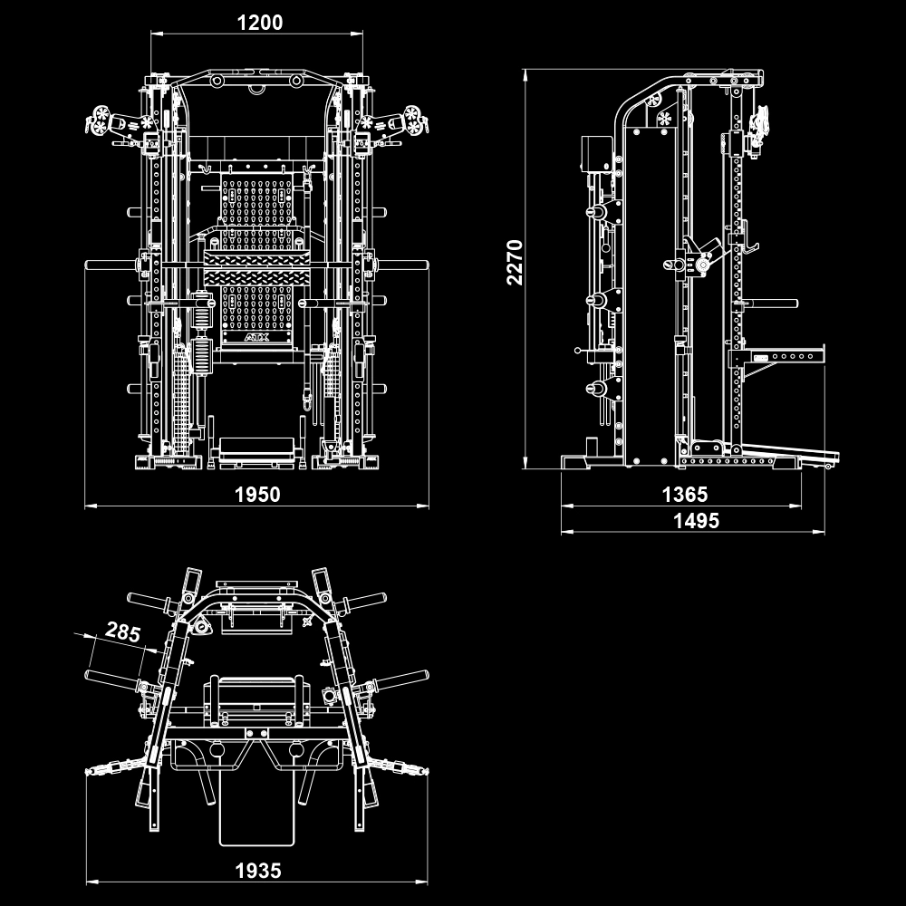 Technical drawing of the ATX® Monster 2.0 All In One Trainer with front, side, and top views. Dimensions: height 2270 mm, width 1200–1950 mm, depth 1365–1495 mm, and bench angle 285°.