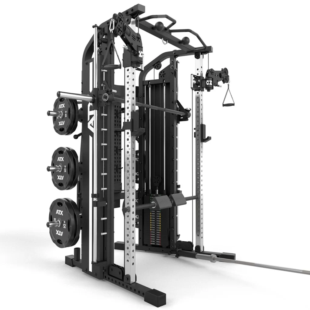 The ATX® Monster 2.0 All In One Trainer features a squat rack, cable pulleys, pull-up bars, weight plates, and multiple attachments for versatile strength training.