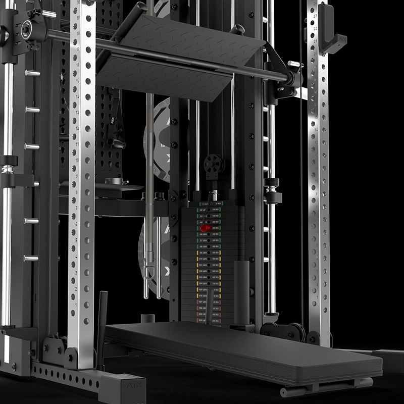 A close-up of the ATX® Monster 2.0 All In One Trainer, featuring a weight stack, metal frame, adjustable bench, and cables for strength training. The gym machine is set against a black background.