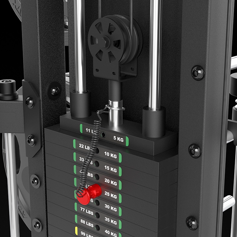 Close-up of the ATX® Monster 2.0 All In One Trainer’s weight stack, featuring plates labeled in pounds and kilograms, with a red pin set at the 55-pound (25 kg) plate to select weight for a workout.