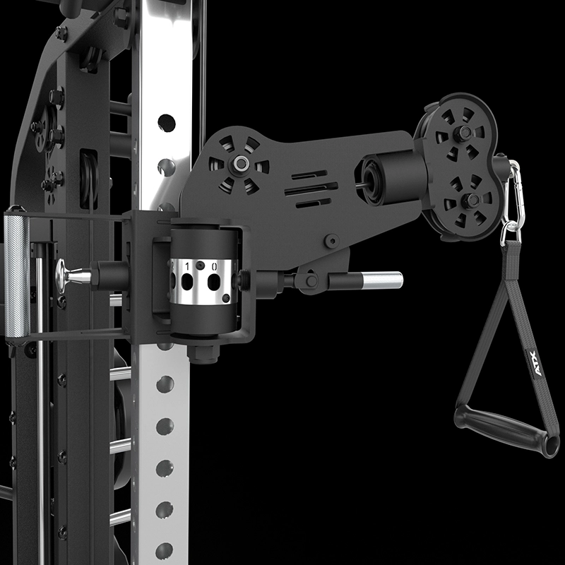 Close-up of the black adjustable cable pulley system on the ATX® Monster 2.0 All In One Trainer, showing pulleys, a handle attachment, and numbered adjustment holes—essential features for versatile training.