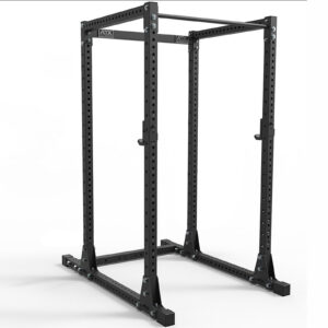 The ATX® Power Rack 770 XL SET is a black metal rack featuring a rectangular base, multiple adjustment holes, two vertical supports, and a horizontal top bar, ideal for strength training exercises.