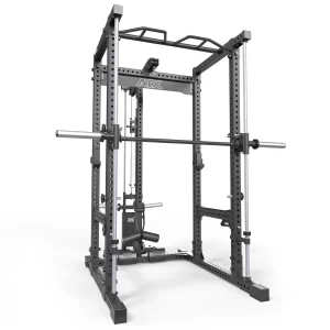 The ATX® Power Rack features adjustable safety bars, a weightlifting bar, and a versatile pull-up bar on top. This sleek black model includes a Smith and pulley system for diverse workouts, all against a plain background.