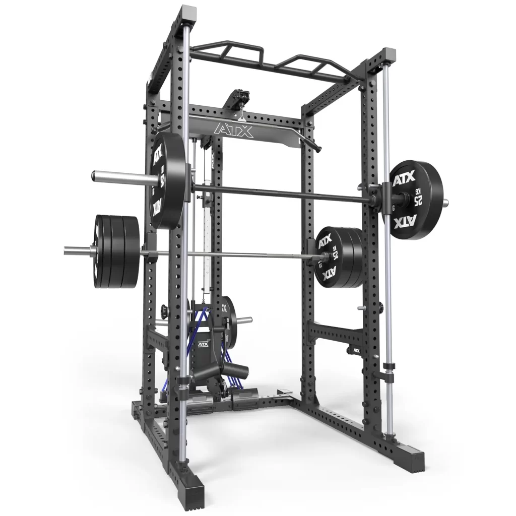 The gray ATX® Power Rack includes a pull-up bar, safety bars, and a versatile Smith & pulley system with multiple weight plates on the barbell. Its sturdy metal build and adjustable features make it ideal for various strength training exercises.