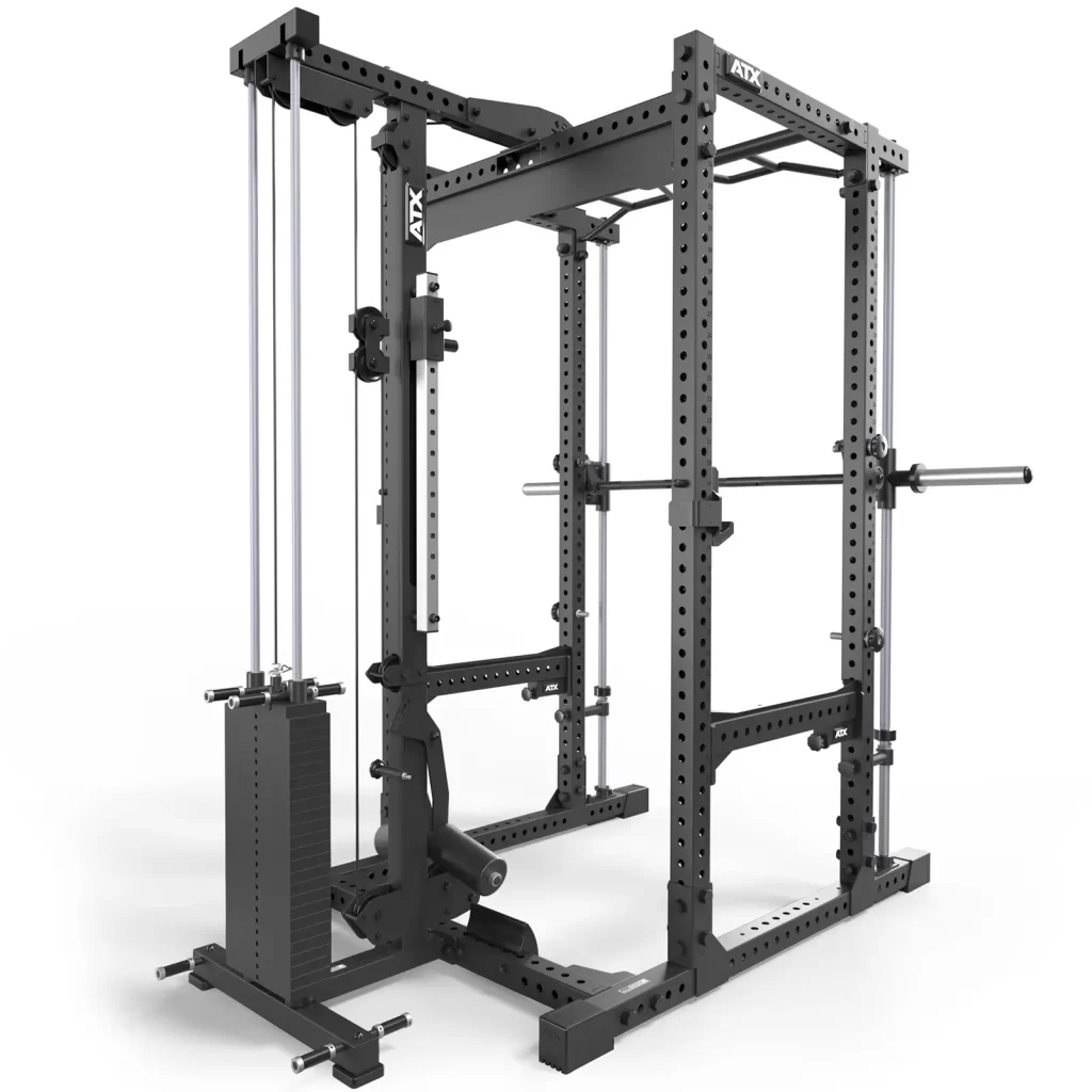 The ATX® Power Cage with Smith & Lat Pulldown, in black, features adjustable components and stands on a white background. It includes a Smith machine, weight stack with lat pulldown, and multiple pull-up bars for versatile strength training exercises.