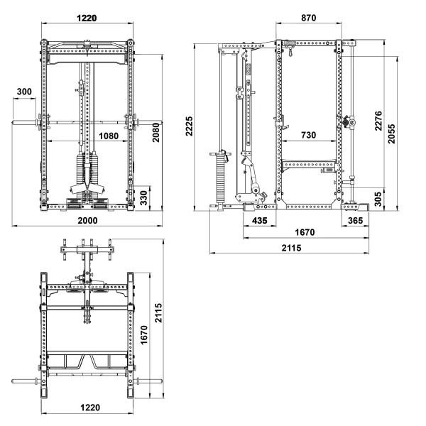 The technical schematic of the ATX® Power Cage with Smith & Lat Pulldown offers front, side, and top views with measurements in millimeters, detailing its dimensions and structural components.