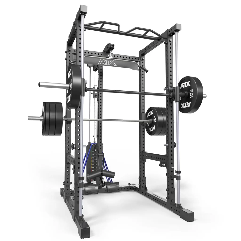 The ATX® Power Cage with Smith & Lat Pulldown includes adjustable safety bars and pull-up attachments. It comes equipped with a barbell, weights, and resistance bands, ideal for strength training and muscle building.