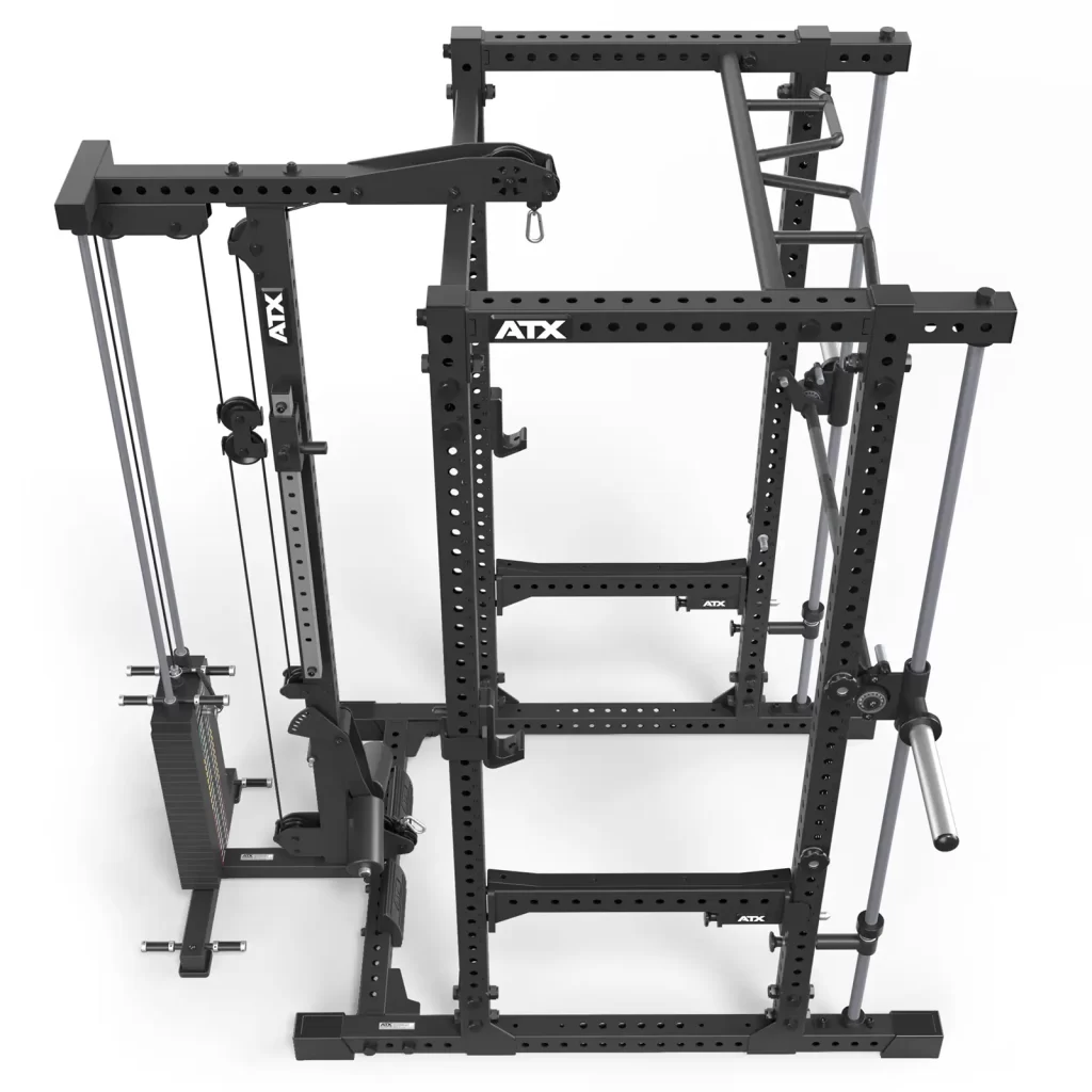 The ATX® Power Cage with Smith & Lat Pulldown is a black metal frame fitness system featuring a cable pulley, various attachments, multiple holes for adjustability, a pull-up bar, and a barbell holder—ideal for versatile strength training workouts.