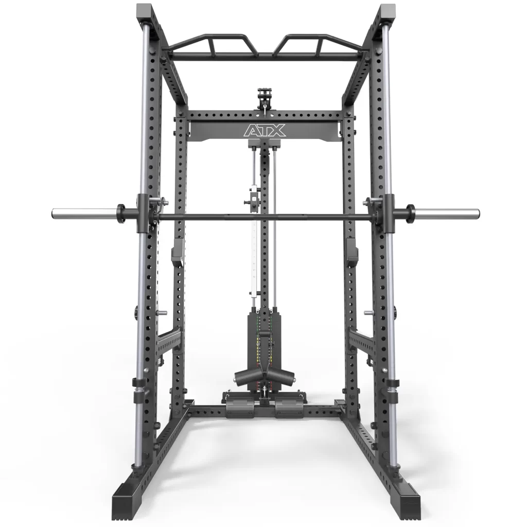 The ATX® Power Cage with Smith & Lat Pulldown features a front view showcasing a securely mounted barbell on the Smith machine track, multiple holes for adjustable accessories, a central weight stack with fly attachment, gym equipment handles at the top, and an added Lat Pulldown system for versatility.