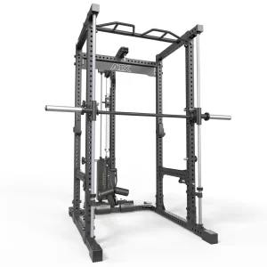 The ATX® Power Cage with Smith & Lat Pulldown is a sleek black and gray unit featuring a barbell, pull-up bar, weight stacks, and multiple holes for adjustable attachments, all set against a white background.