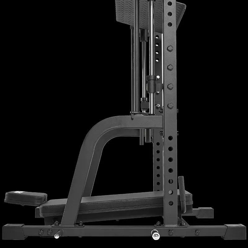 Side view of the ATX® Vertical Leg Press in black, featuring adjustable barbell height holes, an attached weight stack, padded bench, and vertical leg press—ideal for versatile strength training exercises.