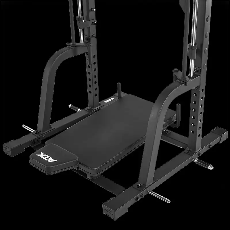 The ATX® Vertical Leg Press is a black multifunctional gym bench with adjustable supports, a padded seat, and a built-in vertical leg press for weightlifting or strength training, displayed against a plain black background.