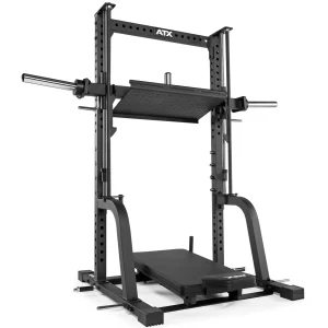 A black fitness squat machine with adjustable bars and a platform. It has various height settings and is designed for strength training exercises.