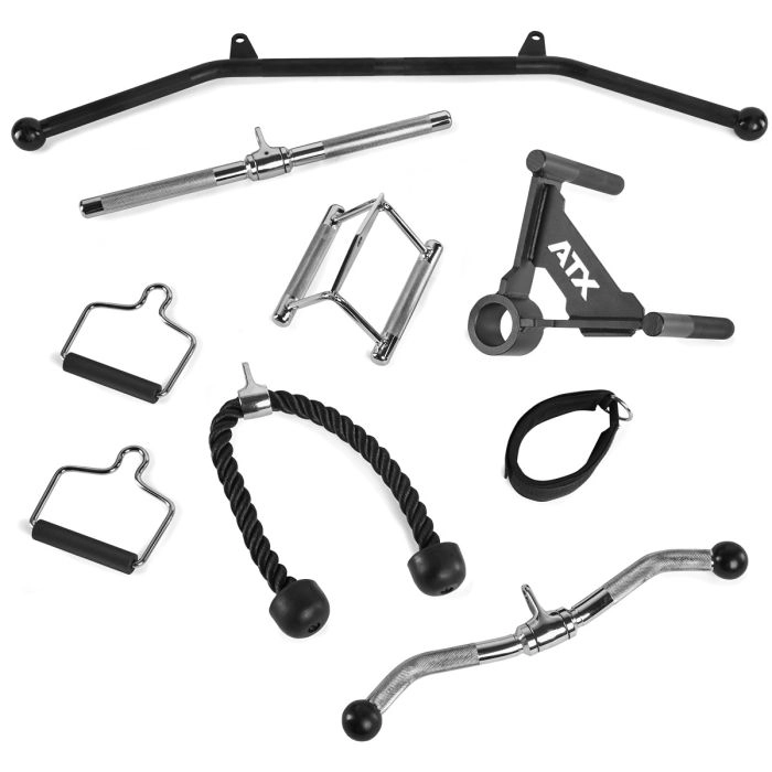 Gym cable machine attachments for the ATX® Monster 2.0 All In One Trainer, including a lat bar, tricep rope, V-handle, single handles, ankle strap, and rotating bar, displayed on a white background.