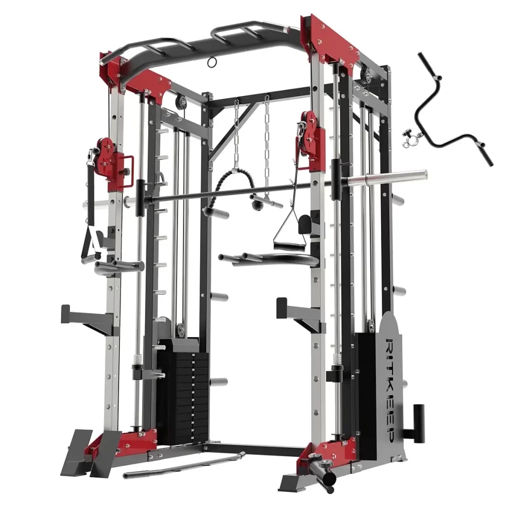 The ATX® Monster 2.0 All In One Trainer is a versatile red and black home gym machine with pull-up bars, weight holders, pulleys, and a cable system for diverse workouts.