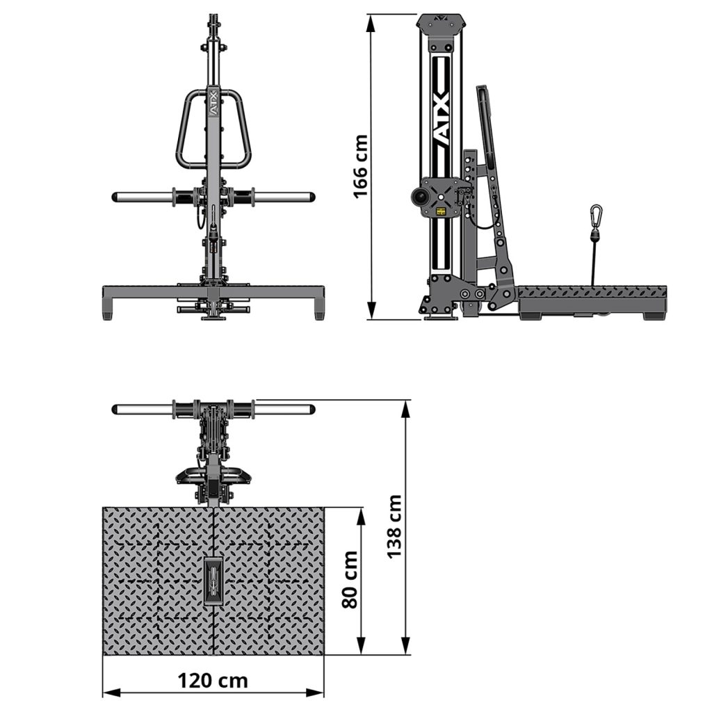 Diagram of the ATX-BSM-760 Belt Squat Machine, includes front and side views with dimensions: 166 cm tall, 120 cm wide, and 138 cm deep. It features handles, weights, a pulley system, and a textured flooring pattern.