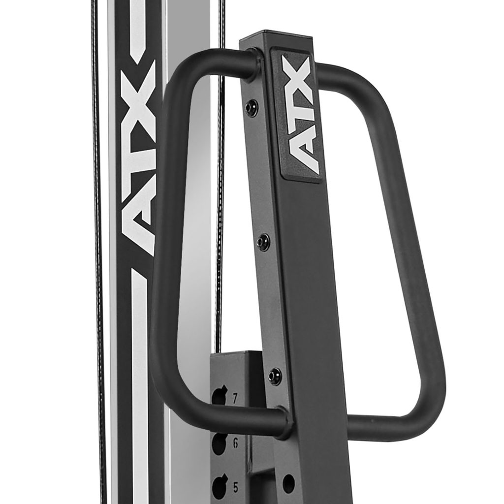 Close-up of a black and silver ATX-BSM-760 Belt Squat Machine featuring handles, adjustable height, and the ATX logo on the handles and side panel, highlighting its premium build.