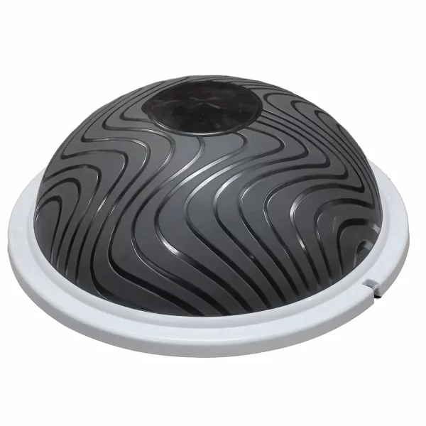 The Power Maxx Bosu Ball features a black dome-shaped balance trainer with a wavy texture on top, set on a circular white base, ideal for enhancing core strength and balance.